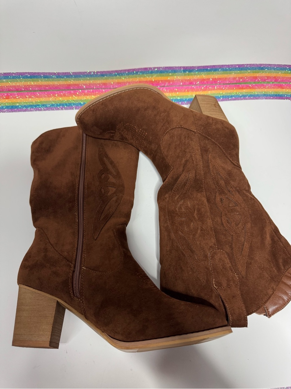 Women's Brown Suede Western Ankle Boots with Block Heel - Picture 8 of 9